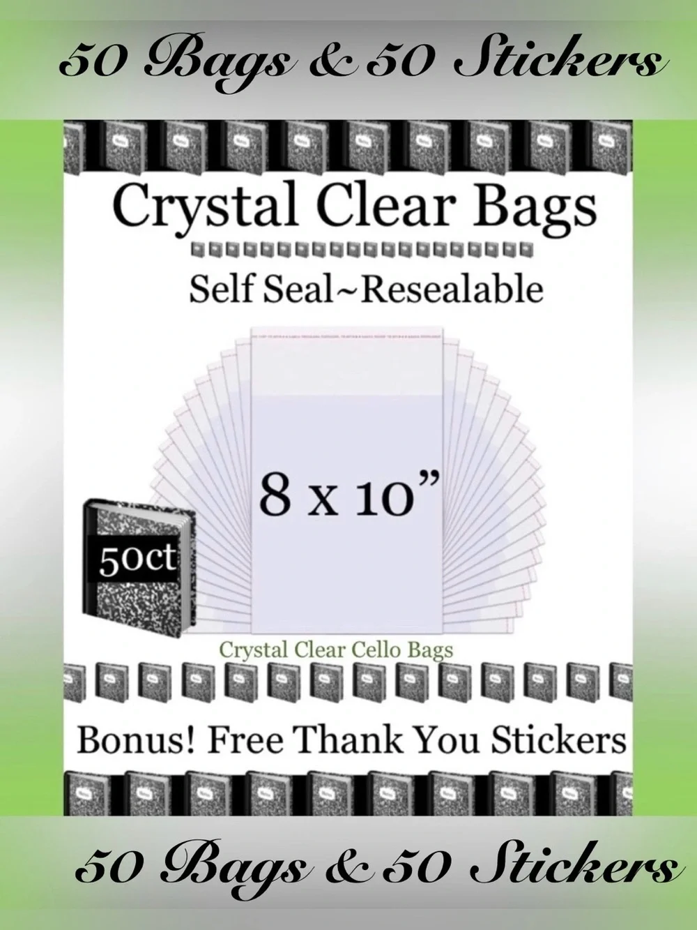 8x10”~50ct Clear Self Seal Poly Bags 📚🆕📚W/Free 50ct Thank You Stickers